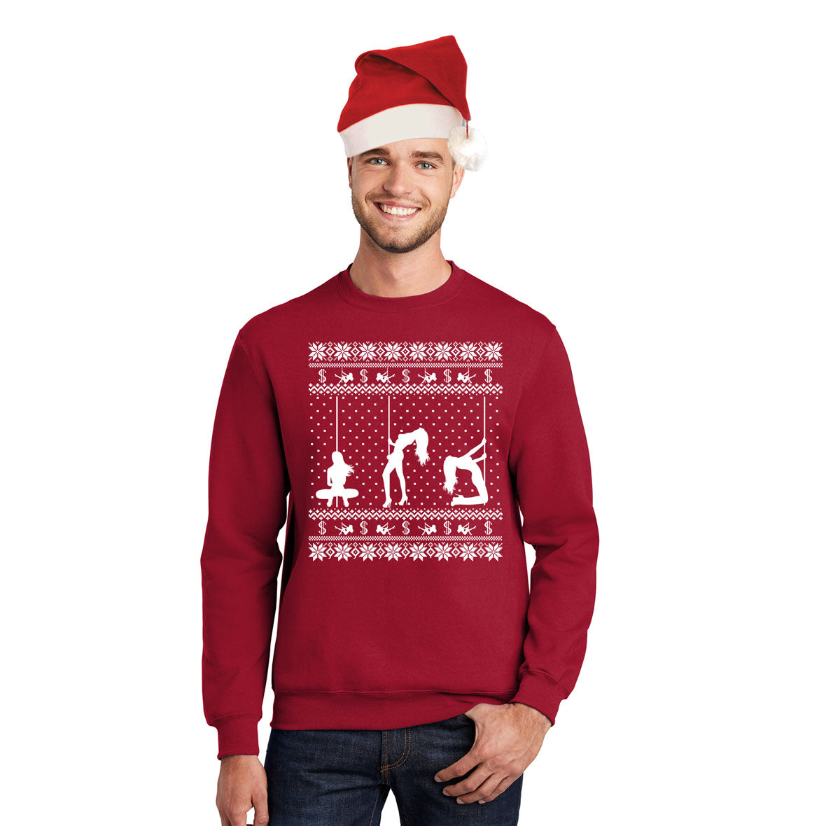 Stripper Silhouette Ugly Christmas Sweater Red Mens Crewneck Sweatshirt with Santa Hat Men's Sweatshirts Old Glory SM Red 