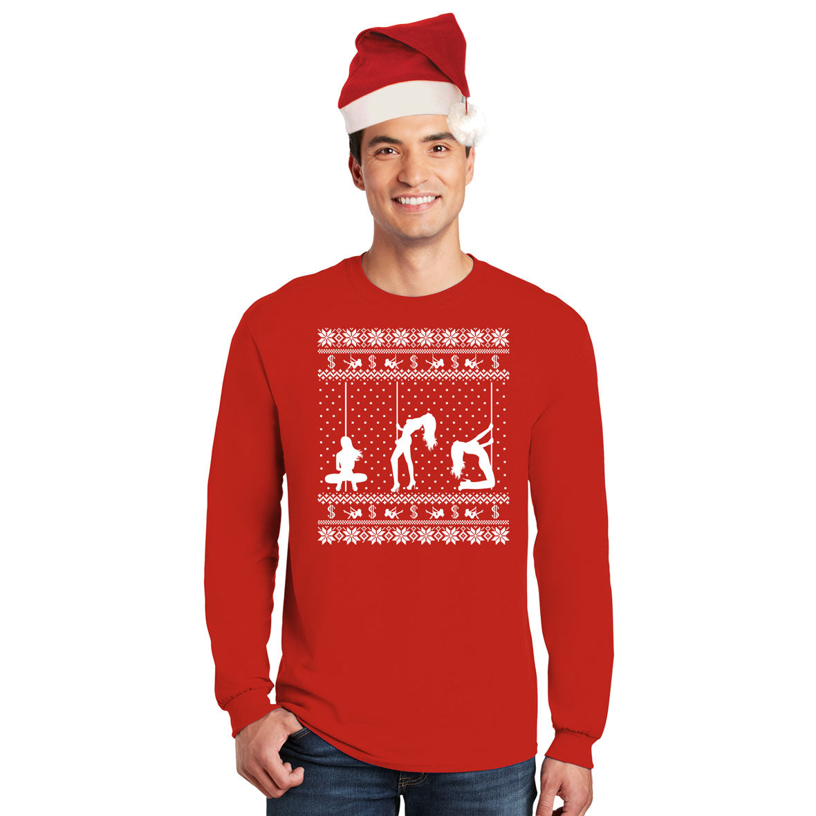 Stripper Silhouette Ugly Christmas Sweater Red Mens Long Sleeve T Shirt with Santa Hat Men's Long Sleeves Old Glory SM Red 