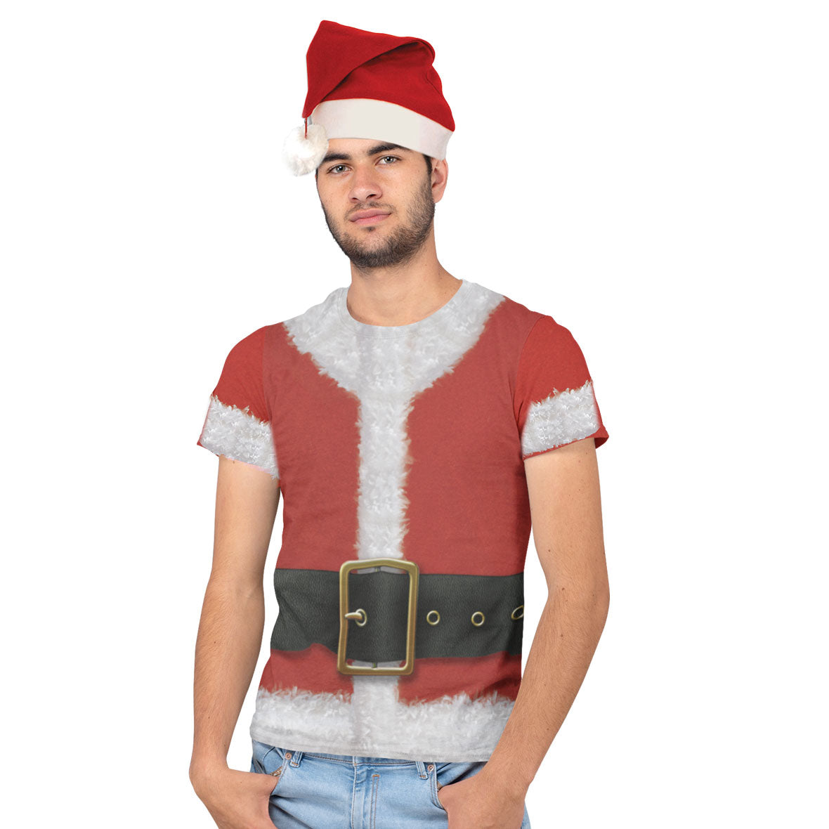 Christmas Costume Santa Claus All Over Mens Costume T Shirt with Santa Hat Men's T-Shirts Old Glory SM Multi 