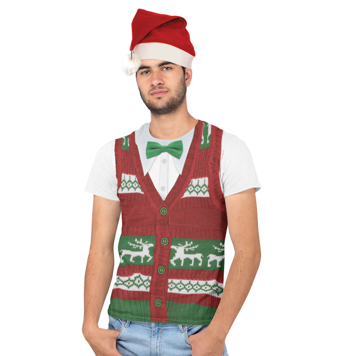 Ugly Christmas Sweater All Over Mens Costume T Shirt with Santa Hat Men's T-Shirts Old Glory SM Multi 