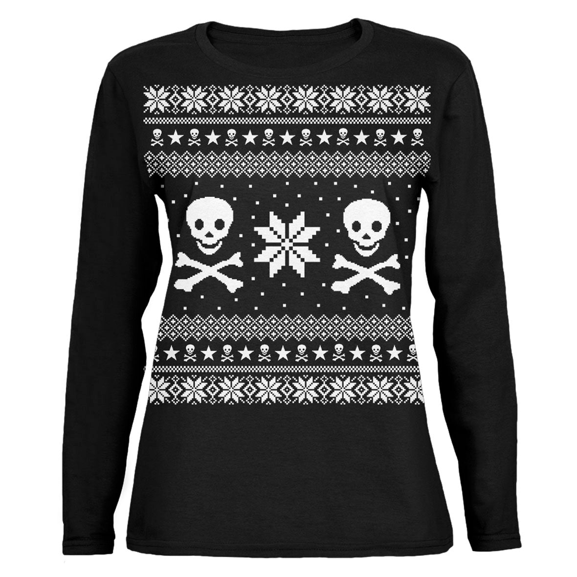 Skull & Crossbones Ugly Christmas Sweater Black Womens Long Sleeve T Shirt with Santa Hat Women's Long Sleeves Old Glory   