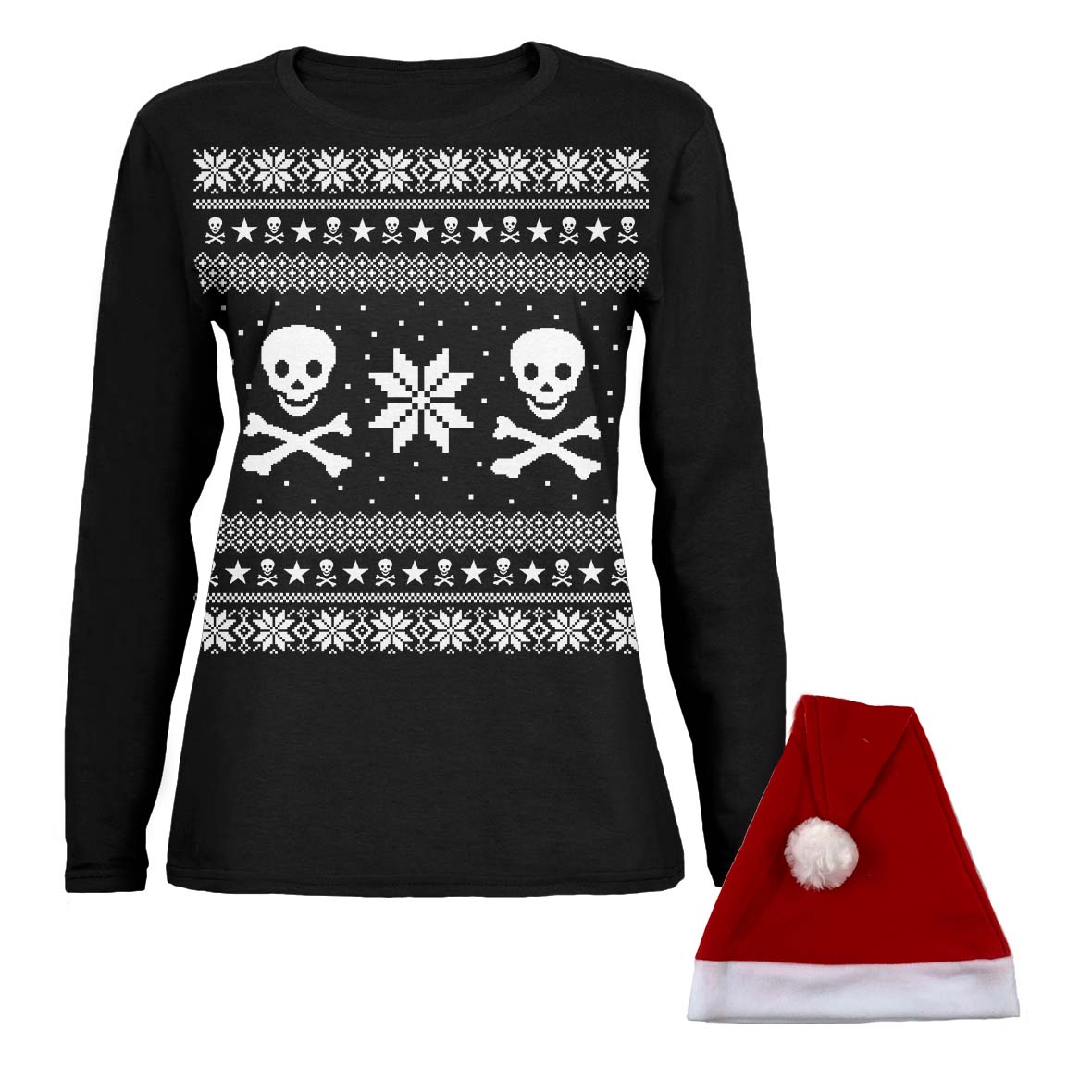 Skull & Crossbones Ugly Christmas Sweater Black Womens Long Sleeve T Shirt with Santa Hat Women's Long Sleeves Old Glory SM Black 