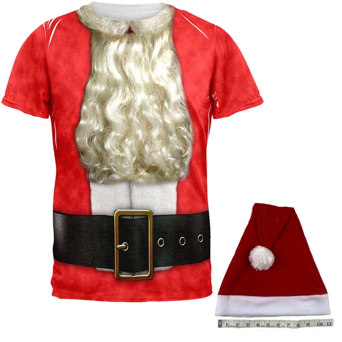 Christmas Costume Bearded Santa All Over Mens Costume T Shirt with Santa Hat Men's T-Shirts Old Glory SM Multi 