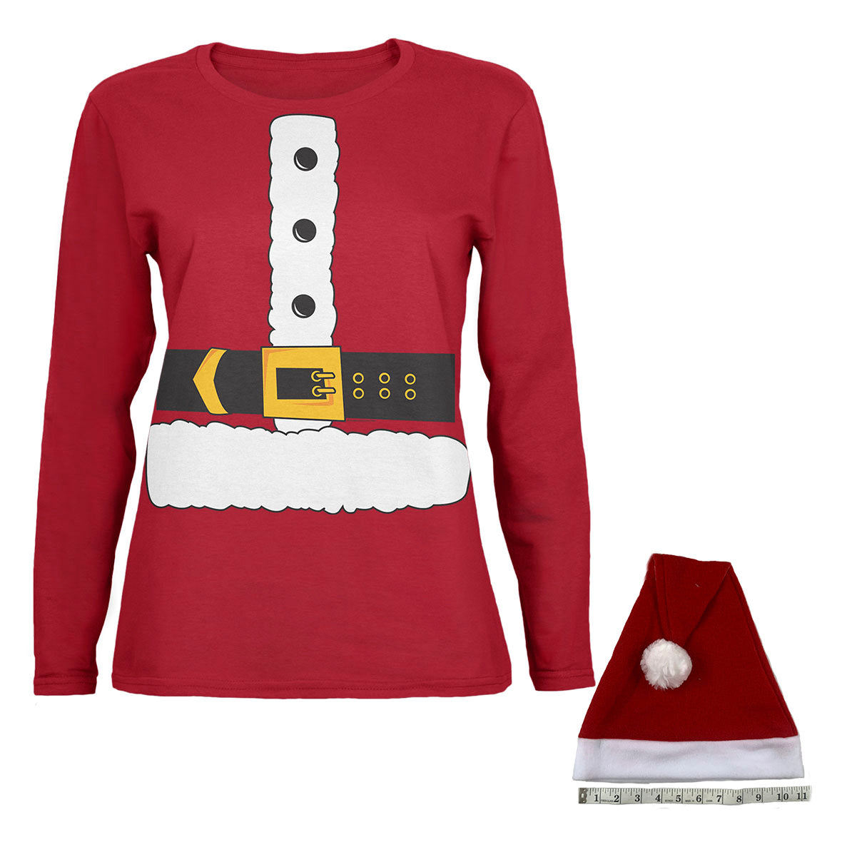 Christmas Costume Santa Claus Womens Long Sleeve T Shirt with Santa Hat Women's Long Sleeves Old Glory SM Red 