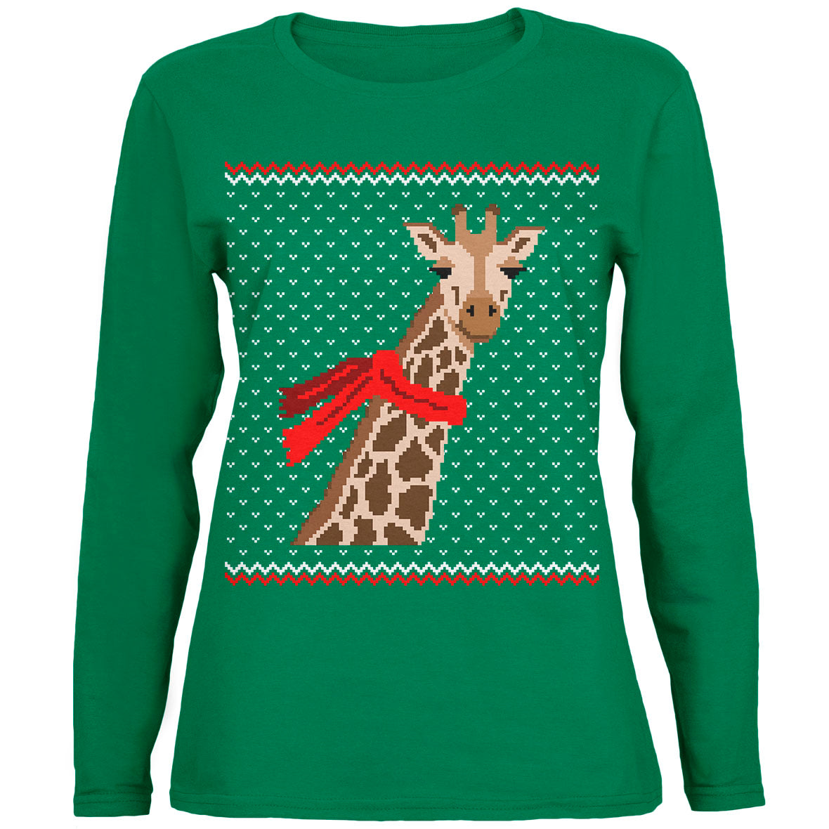 Big Giraffe Scarf Ugly Christmas Sweater Womens Long Sleeve T Shirt with Santa Hat Women's Long Sleeves Old Glory   