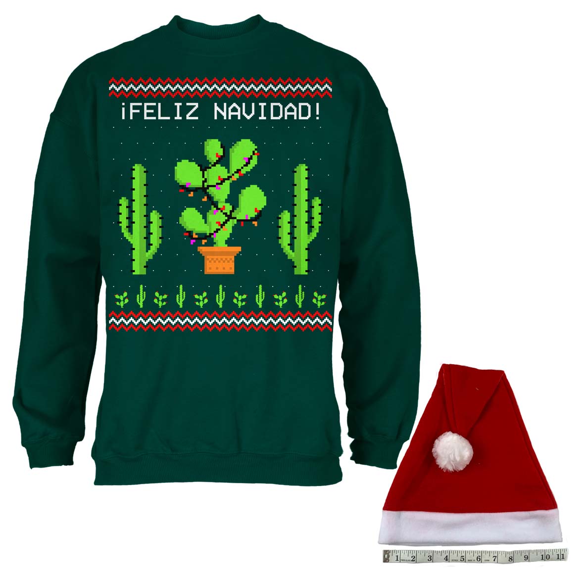 Cactus Desert Feliz Navidad Ugly Christmas Sweater Mens Crewneck Sweatshirt with Santa Hat Men's Sweatshirts Old Glory   