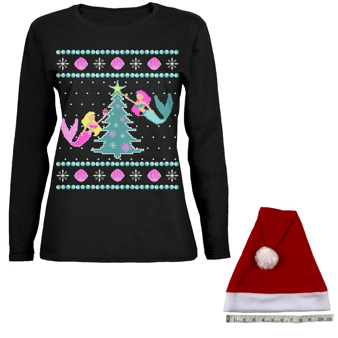 Mermaid Tree Ugly Christmas Sweater Womens Relaxed Jersey Long Sleeve T Shirt with Santa Hat Women's Long Sleeves Old Glory   