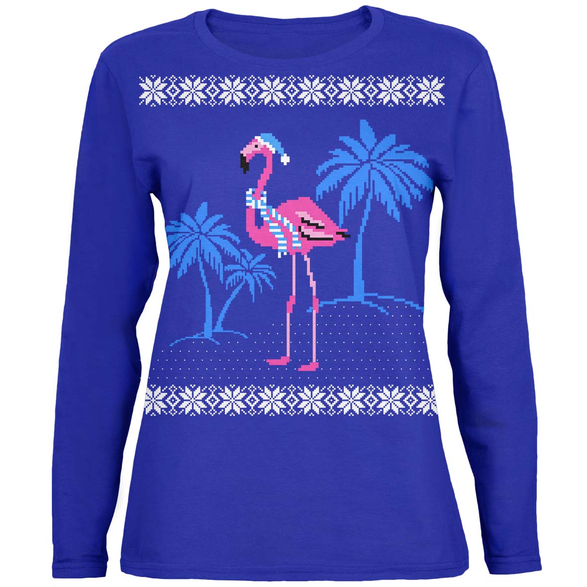 Flamingo Winter Ugly Christmas Sweater Womens Long Sleeve T Shirt with Santa Party Hat Headband Women's Long Sleeves Old Glory   