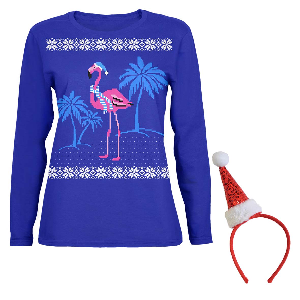 Flamingo Winter Ugly Christmas Sweater Womens Long Sleeve T Shirt with Santa Party Hat Headband Women's Long Sleeves Old Glory SM Royal 