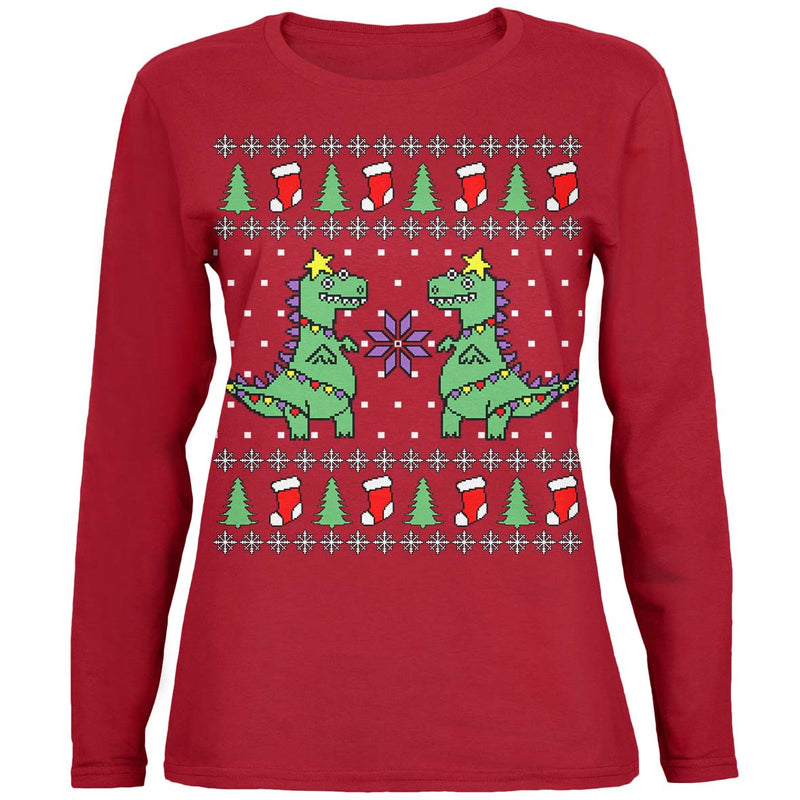 Tree Rex T Rex Ugly Christmas Sweater Womens Long Sleeve T Shirt with Santa Party Hat Headband Women's Long Sleeves Old Glory   