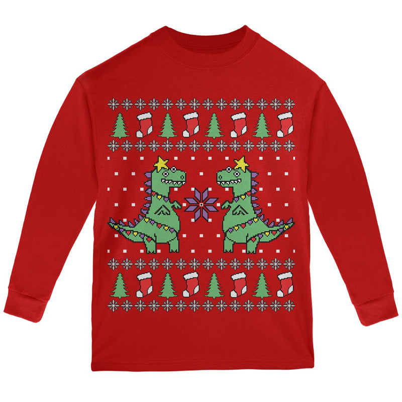 Tree Rex T Rex Ugly Christmas Sweater Big Kids Long Sleeve T Shirt with Santa Hat Youth Long Sleeves Old Glory YXS Red 