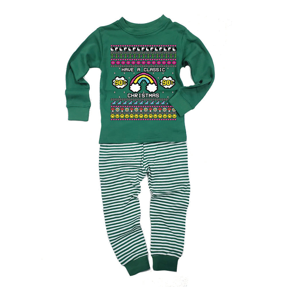 Retro 90s Nostalgia Classic Ugly Christmas Sweater Toddler Long Sleeve Top Striped Pants Pajama Set Pajamas Old Glory 2T Green 