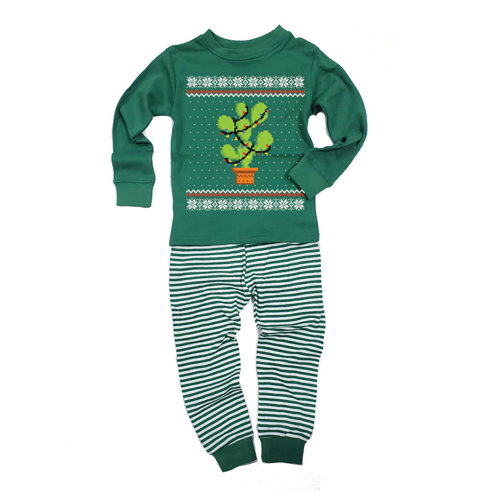 Cactus Prickly Pear Tree Ugly Christmas Sweater Toddler Long Sleeve Top Striped Pants Pajama Set Pajamas Old Glory 2T Green 