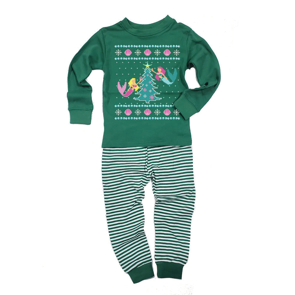 Mermaid Tree Ugly Christmas Sweater Toddler Long Sleeve Top Striped Pants Pajama Set Pajamas Old Glory 2T Green 