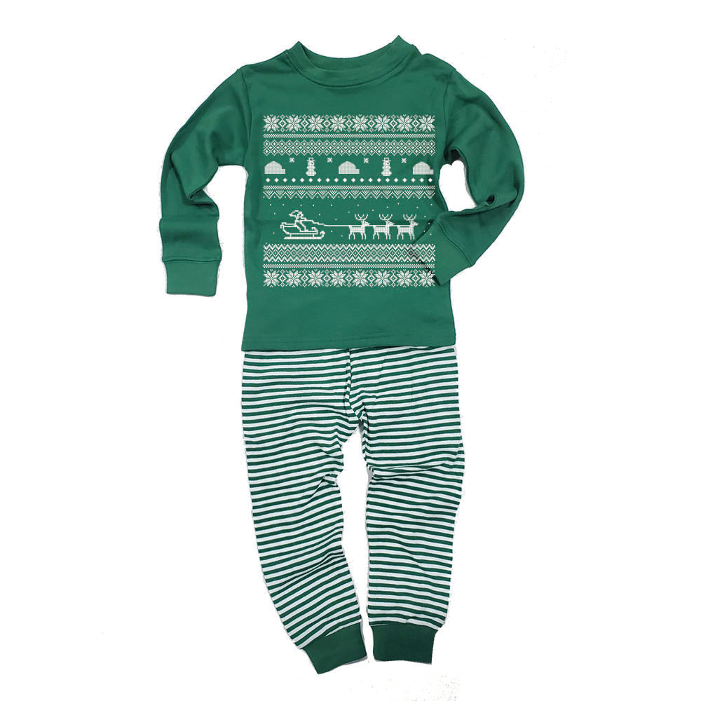 Santa Sleigh Ugly Christmas Sweater Toddler Long Sleeve Top Striped Pants Pajama Set Pajamas Old Glory 2T Green 