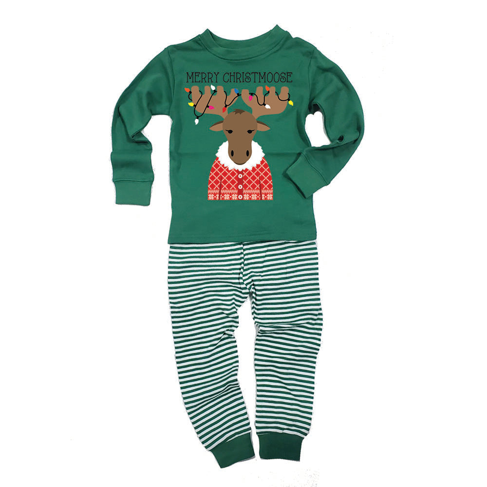 Christmas Merry ChristMoose Moose Toddler Long Sleeve Top Striped Pants Pajama Set Pajamas Old Glory 2T Green 