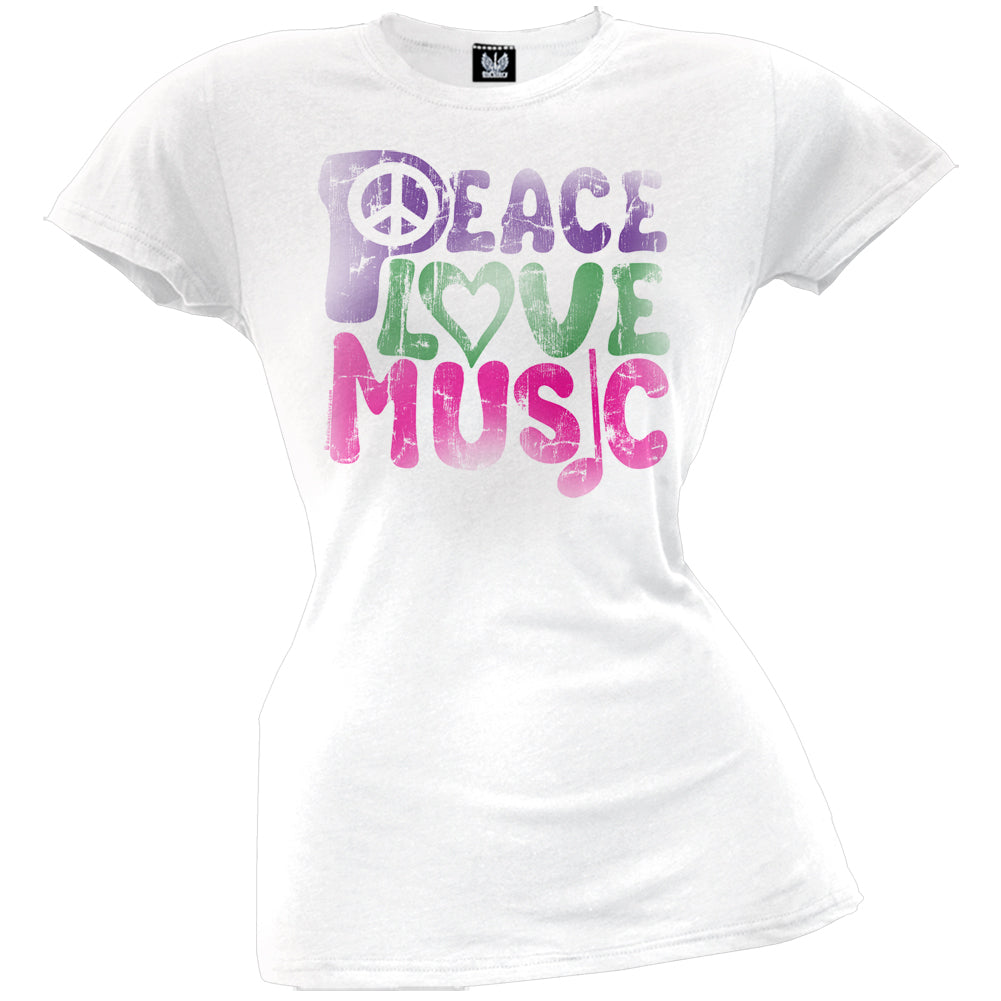 Peace Love Music Juniors T-Shirt Juniors T-Shirts Old Glory LG White 