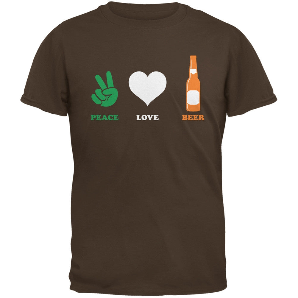 St. Patricks Day - Peace Love Beer Brown Adult T-Shirt Men's T-Shirts Old Glory 2XL Brown 