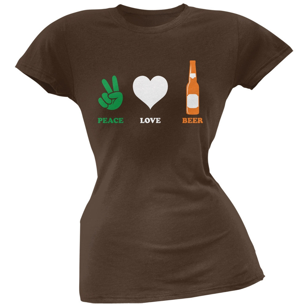 St. Patricks Day - Peace Love Beer Brown Soft Juniors T-Shirt Juniors T-Shirts Old Glory 2XL Brown 