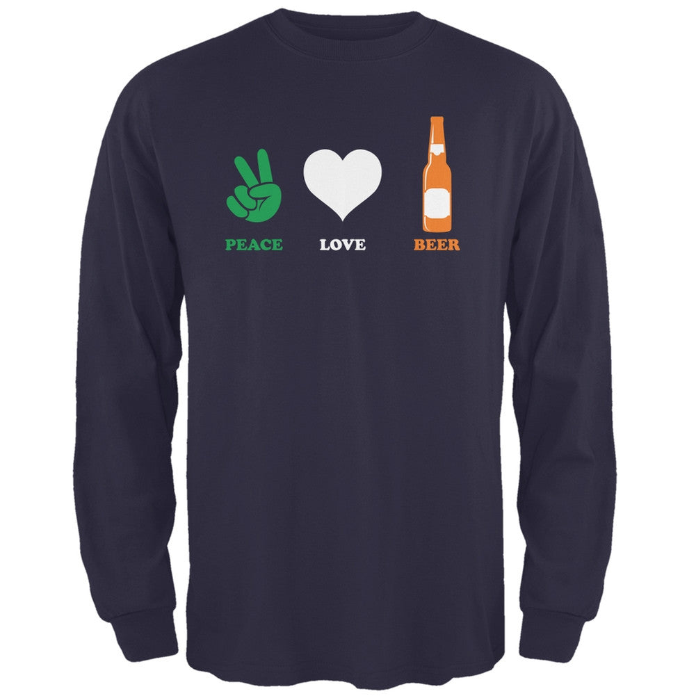 St. Patricks Day - Peace Love Beer Navy Adult Long Sleeve T-Shirt Men's Long Sleeves Old Glory 2XL Blue 