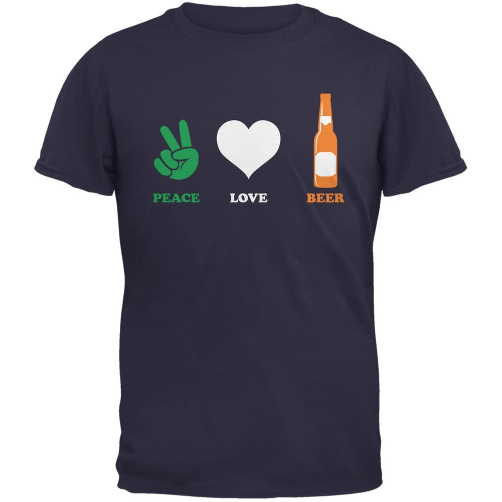 St. Patricks Day - Peace Love Beer Navy Adult T-Shirt Men's T-Shirts Old Glory 2XL Blue 