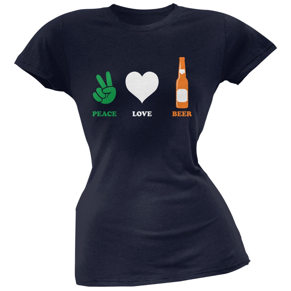 St. Patricks Day - Peace Love Beer Navy Soft Juniors T-Shirt Juniors T-Shirts Old Glory 2XL Blue 