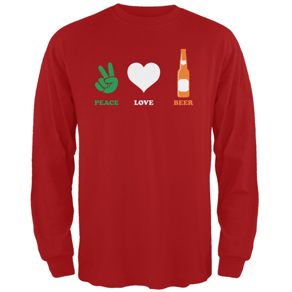 St. Patricks Day - Peace Love Beer Red Adult Long Sleeve T-Shirt Men's Long Sleeves Old Glory 2XL Red 