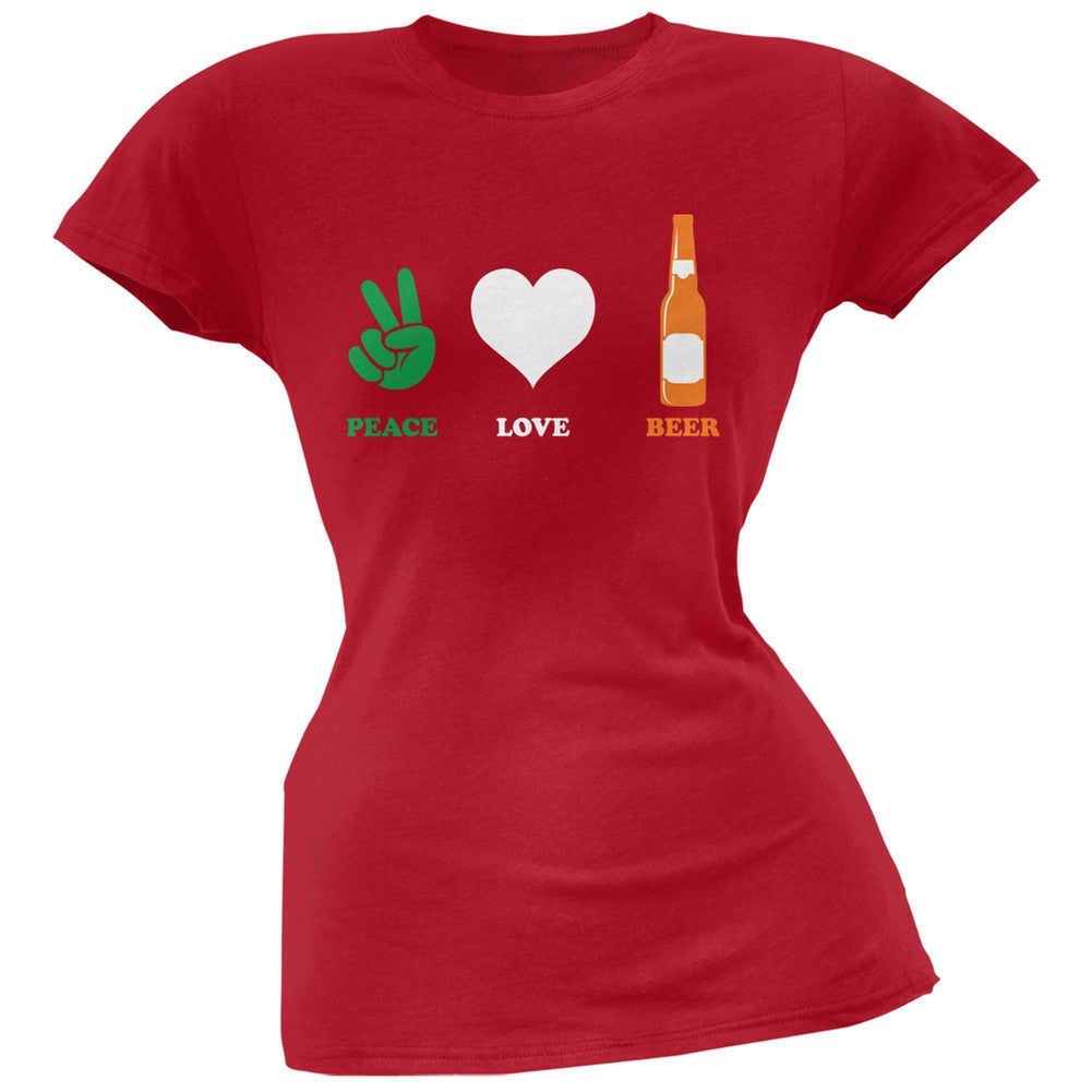 St. Patricks Day - Peace Love Beer Red Soft Juniors T-Shirt Juniors T-Shirts Old Glory 2XL Red 