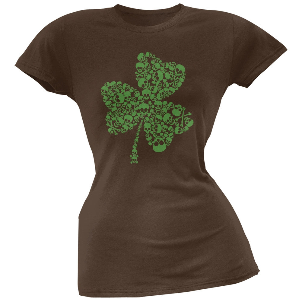 St. Patricks Day - Skull Shamrock Brown Soft Juniors T-Shirt Juniors T-Shirts Old Glory 2XL Brown 