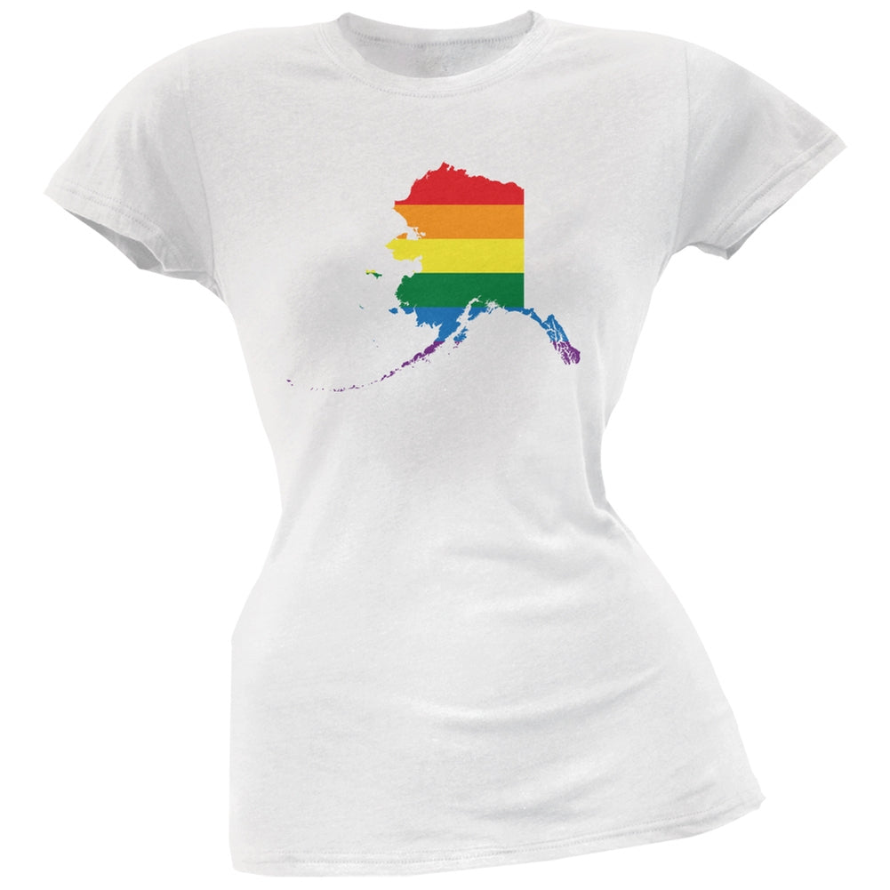 Alaska LGBT Lesbian Pride Rainbow White Juniors Soft T-Shirt Juniors T-Shirts Old Glory 2XL White 