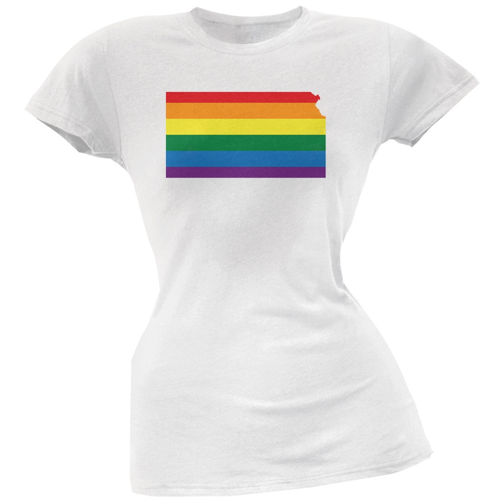 Kansas LGBT Lesbian Pride Rainbow White Juniors Soft T-Shirt Juniors T-Shirts Old Glory 2XL White 