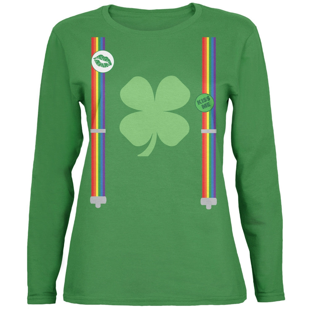 St. Patricks Day Rainbow Suspenders Green Ladies Long Sleeve T-Shirt Women's Long Sleeves Old Glory   