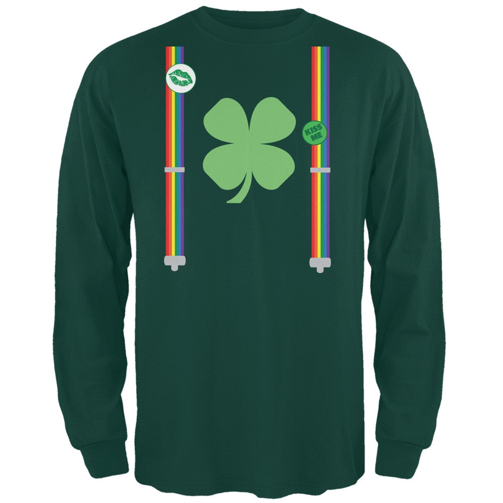 St. Patricks Rainbow Suspenders Forest Green Adult Long Sleeve T-Shirt Men's Long Sleeves Old Glory   