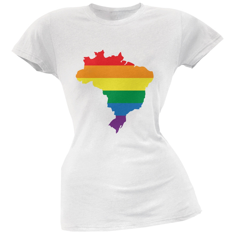 Brazil LGBT Lesbian Pride Rainbow White Juniors Soft T-Shirt Juniors T-Shirts Old Glory 2XL White 