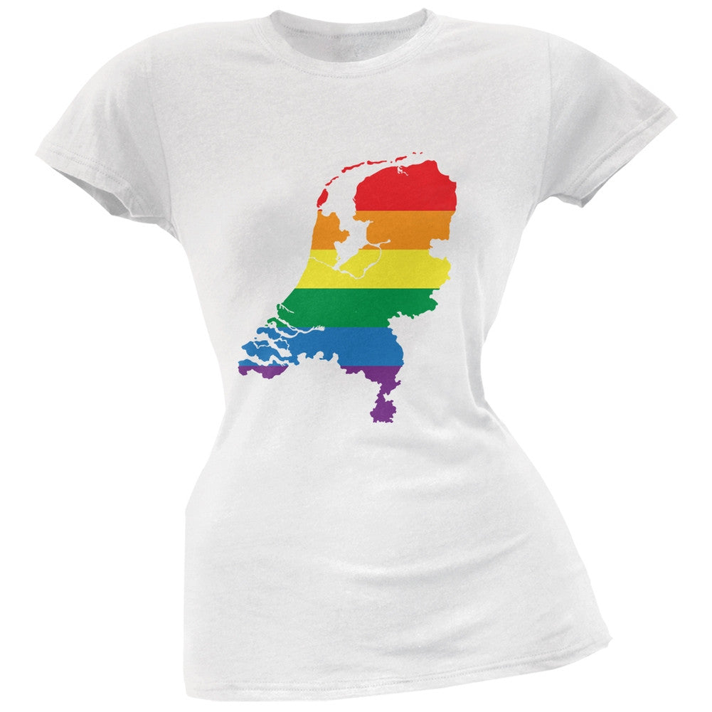 Netherlands LGBT Lesbian Pride Rainbow White Juniors Soft T-Shirt Juniors T-Shirts Old Glory 2XL White 