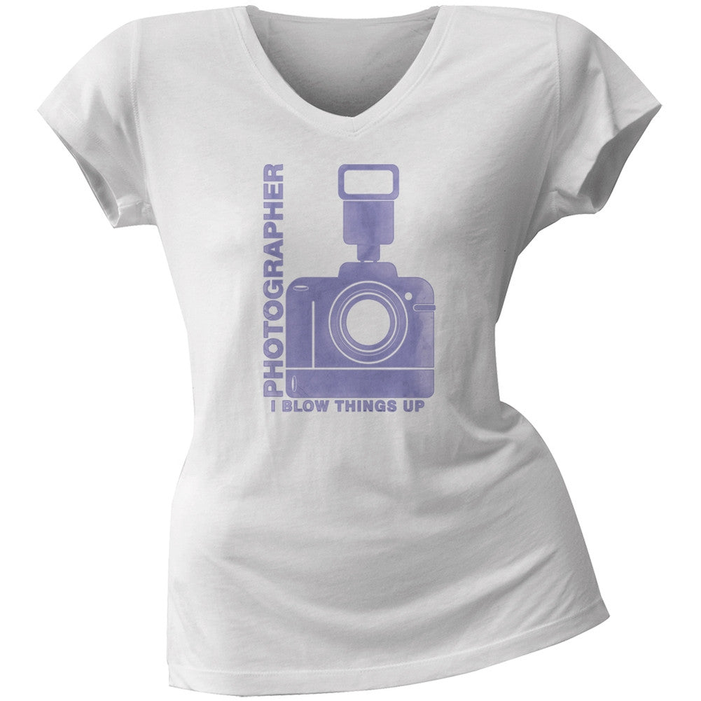 Photographer Blow Things Up Funny White Juniors V-Neck T-Shirt Juniors T-Shirts Old Glory 2XL White 