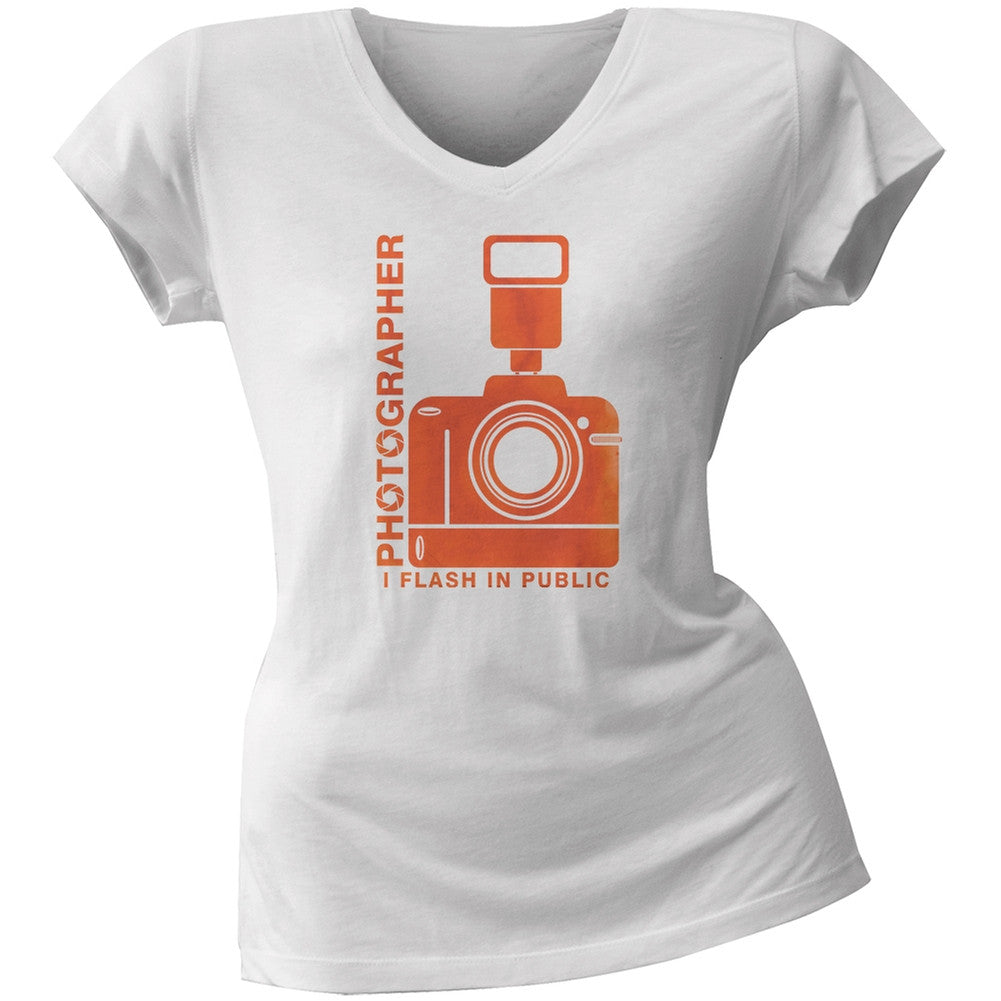 Photographer Flash in Public Funny White Juniors V-Neck T-Shirt Juniors T-Shirts Old Glory 2XL White 