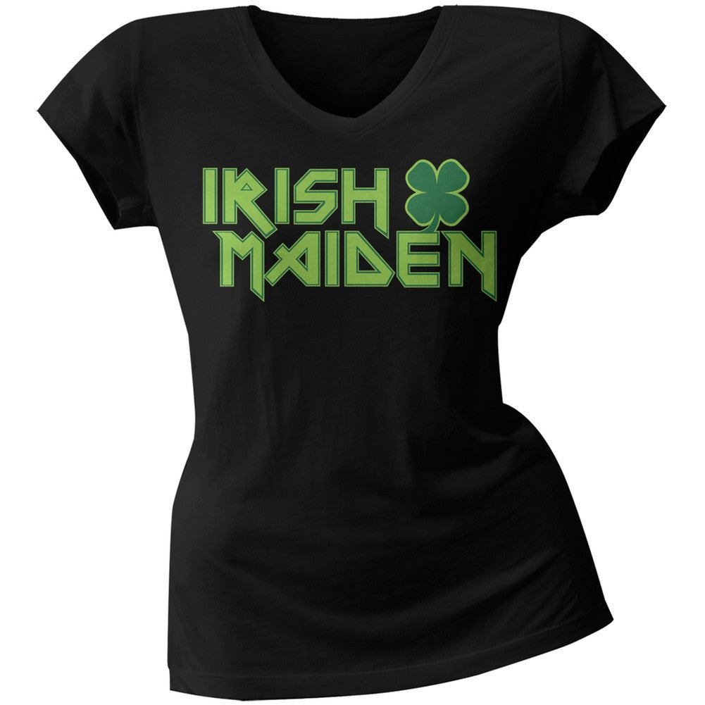 St. Patricks Day - Irish Maiden Black Juniors V-Neck T-Shirt Juniors T-Shirts Old Glory   