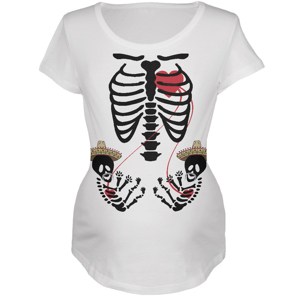 Cinco de Mayo Twin Baby Skeletons White Maternity Soft T-Shirt Maternity T-Shirts Old Glory   