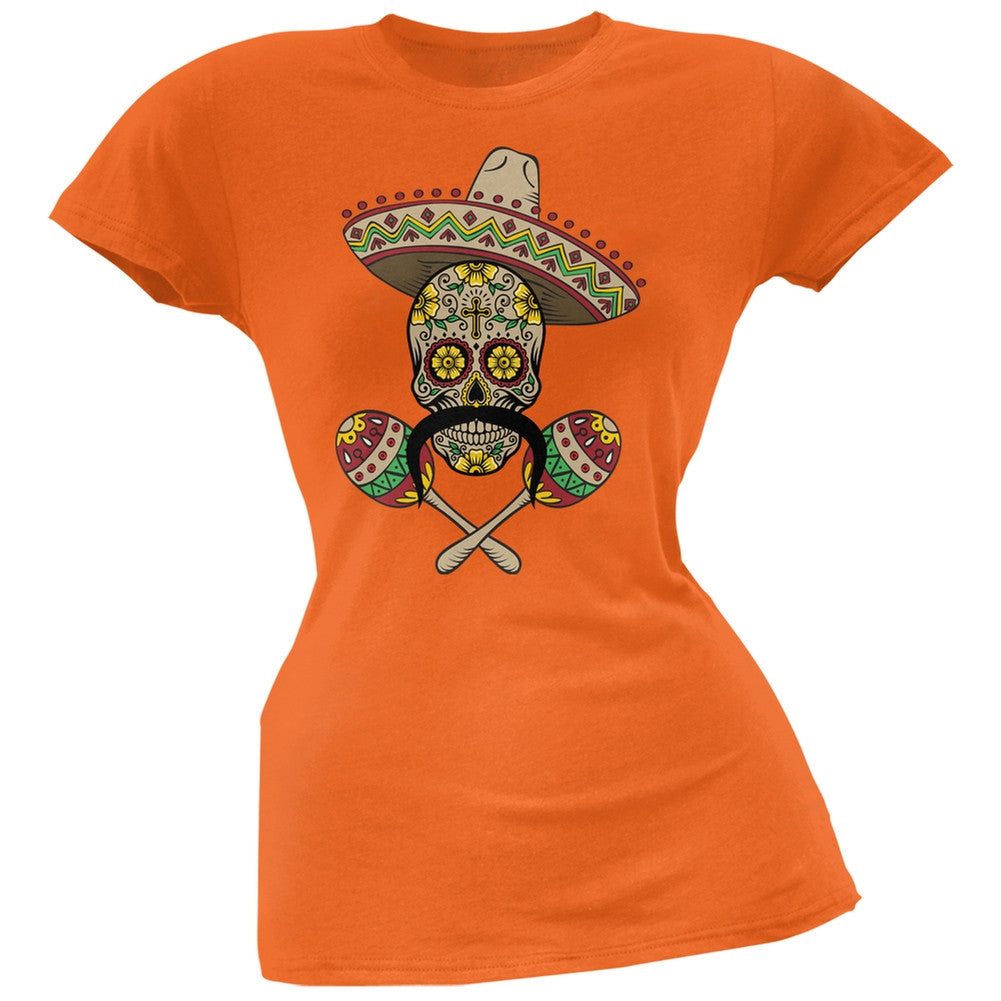 Cinco de Mayo - Sombrero Skull Maracas Crossbones Orange Soft Juniors T-Shirt Juniors T-Shirts Old Glory   