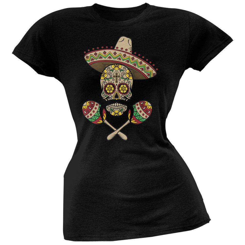 Cinco de Mayo - Sombrero Skull Maracas Crossbones Orange Soft Juniors T-Shirt Juniors T-Shirts Old Glory   