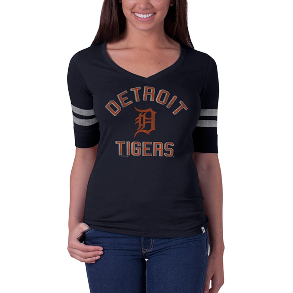 Detroit Tigers - Flanker Logo Half Sleeve Juniors V-Neck T-Shirt Juniors T-Shirts Detroit Tigers LG Blue 