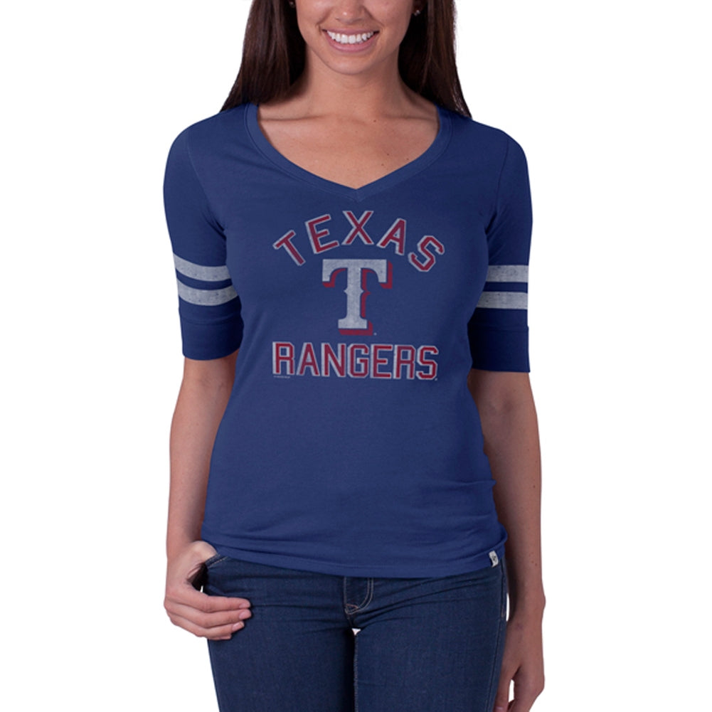 Texas Rangers - Flanker Logo Half Sleeve Juniors V-Neck T-Shirt Juniors T-Shirts Texas Rangers LG Blue 