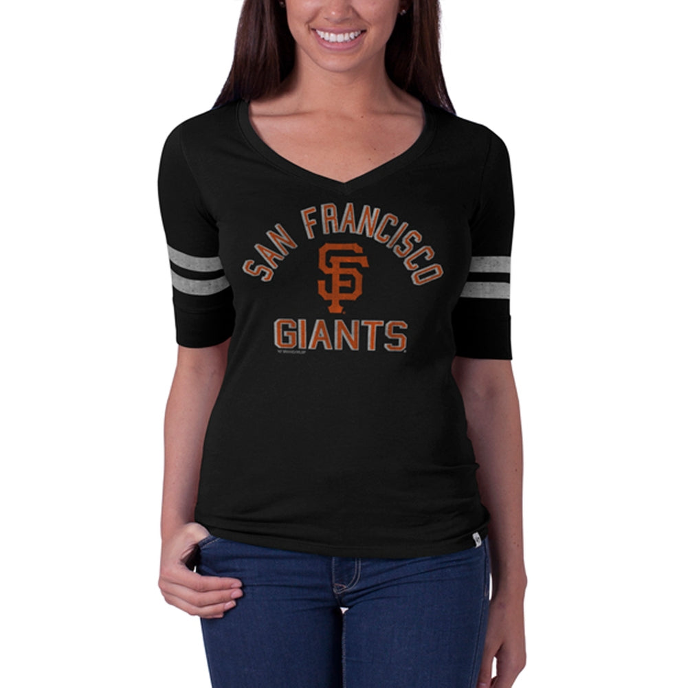 San Francisco Giants - Flanker Logo Half Sleeve Juniors V-Neck T-Shirt Juniors T-Shirts San Francisco Giants LG Black 