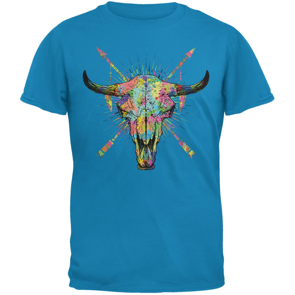 Splatter Cow Skull Sapphire Blue Adult T-Shirt Men's T-Shirts Old Glory 2XL Blue 