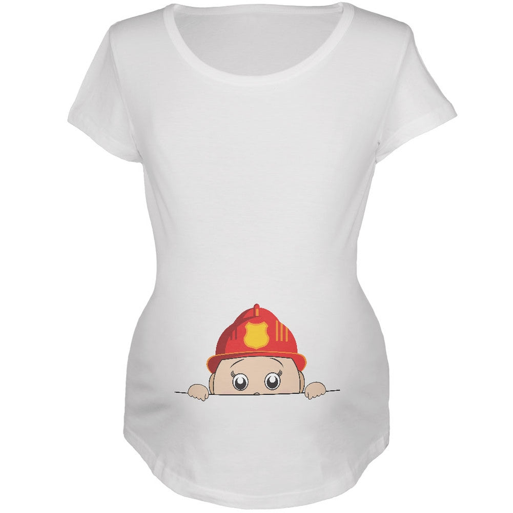 Peeking Baby Fireman White Maternity Soft T-Shirt Maternity T-Shirts Old Glory 2XL White 