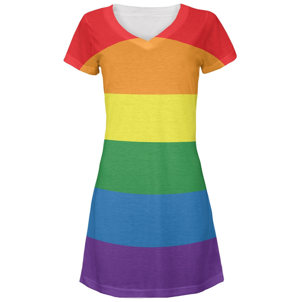 Rainbow Gay Pride Flag All Over Juniors V-Neck Dress Juniors Dresses Old Glory LG Multi 