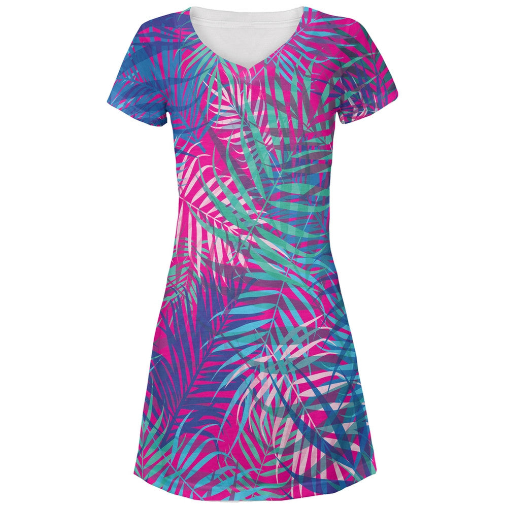 Palm Fronds Tropical Magenta All Over Juniors V-Neck Dress Juniors Dresses Old Glory LG Multi 