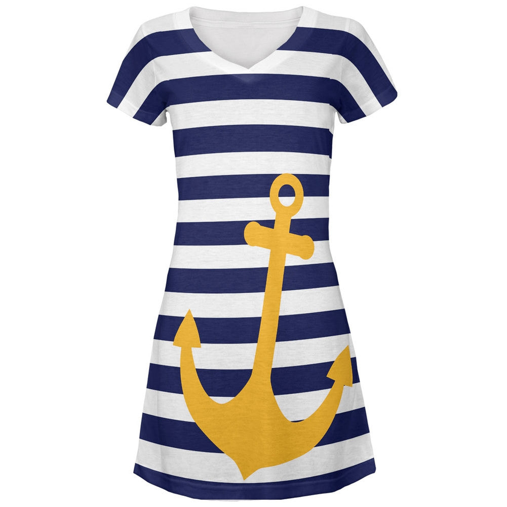 Anchor Stripes Navy & White All Over Juniors V-Neck Dress Juniors Dresses Old Glory LG Multi 