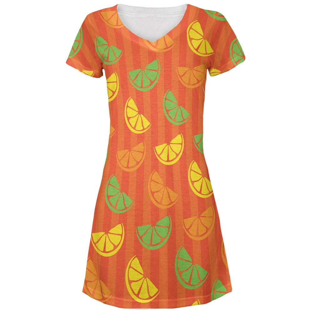 Citrus Lemon Lime Summer Orange All Over Juniors V-Neck Dress Juniors Dresses Old Glory LG Multi 